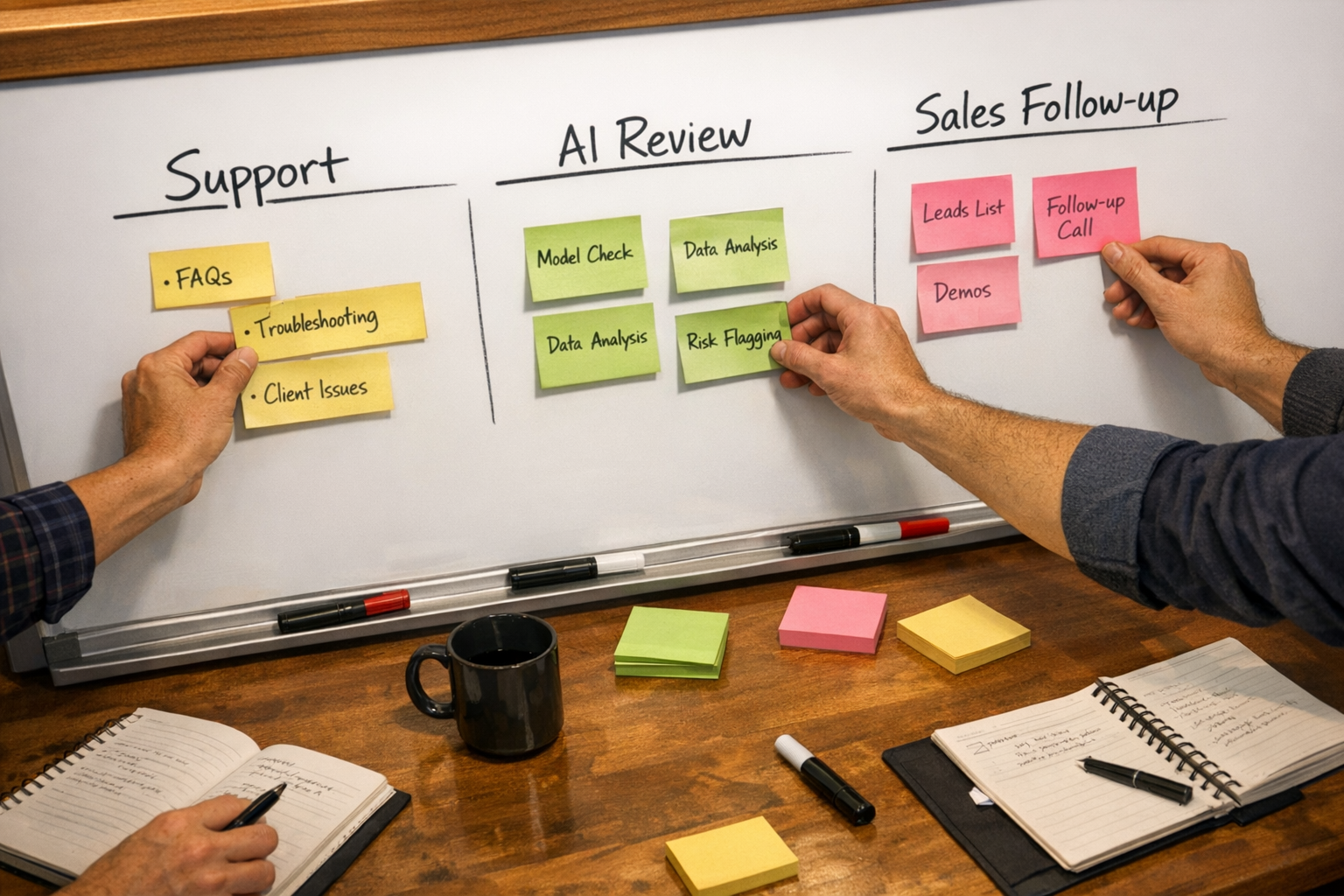 A team workspace with hands arranging sticky notes for a support to sales handoff automation plan.