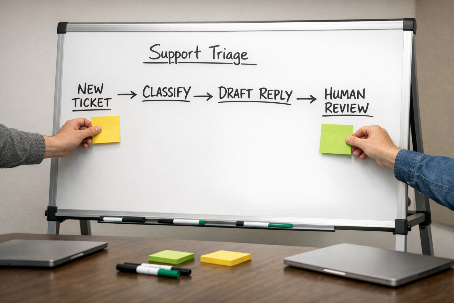 A team workspace scene showing support ticket triage planning on a whiteboard without faces.