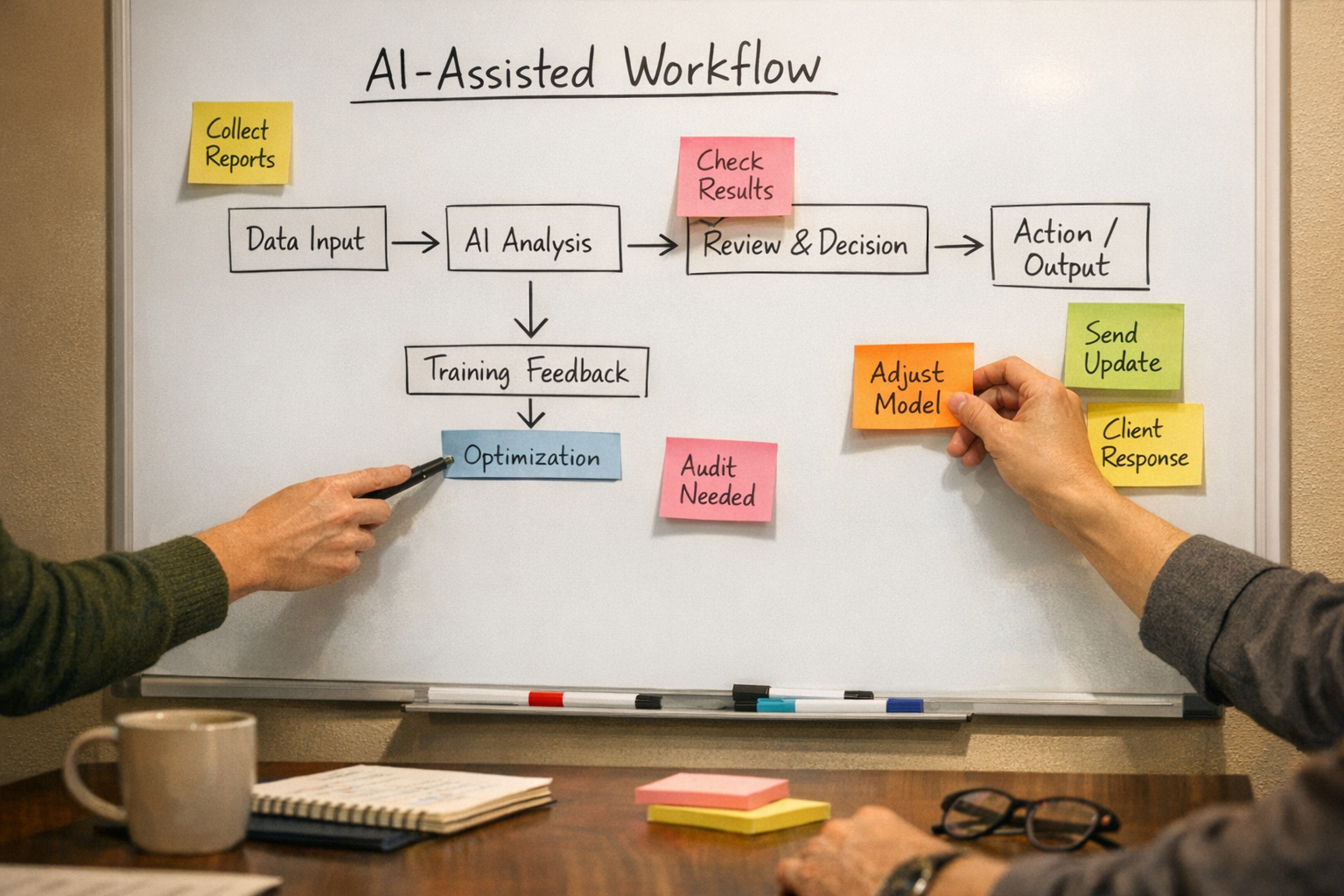 A team workspace with a whiteboard planning one AI-assisted business workflow using sticky notes and simple arrows
