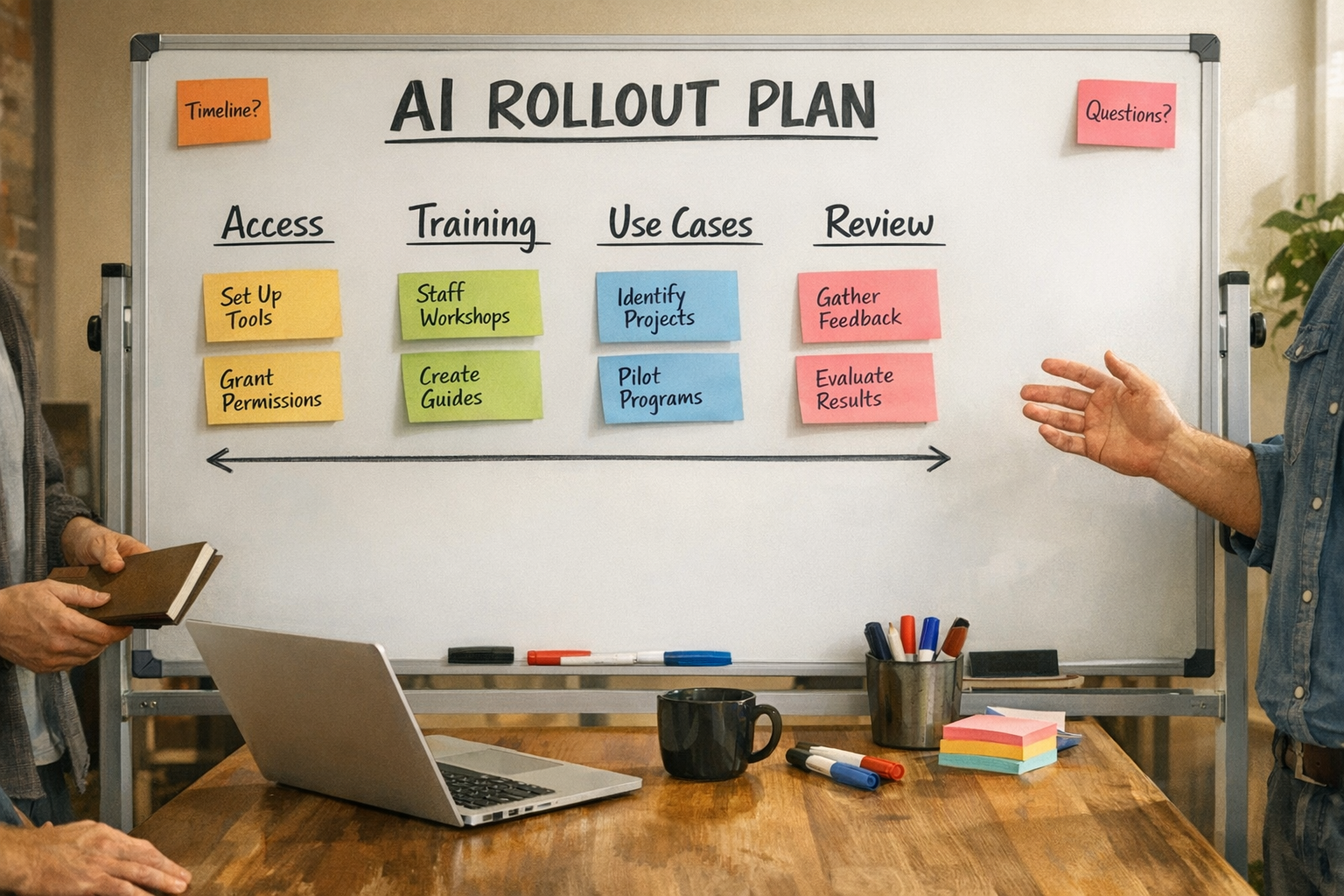 A team workspace with a whiteboard planning AI rollout steps and workflow ownership