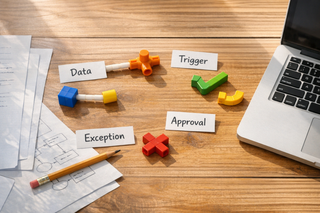 A calm office desk with printed workflow notes, a laptop, and connectors representing business systems and automation planning.