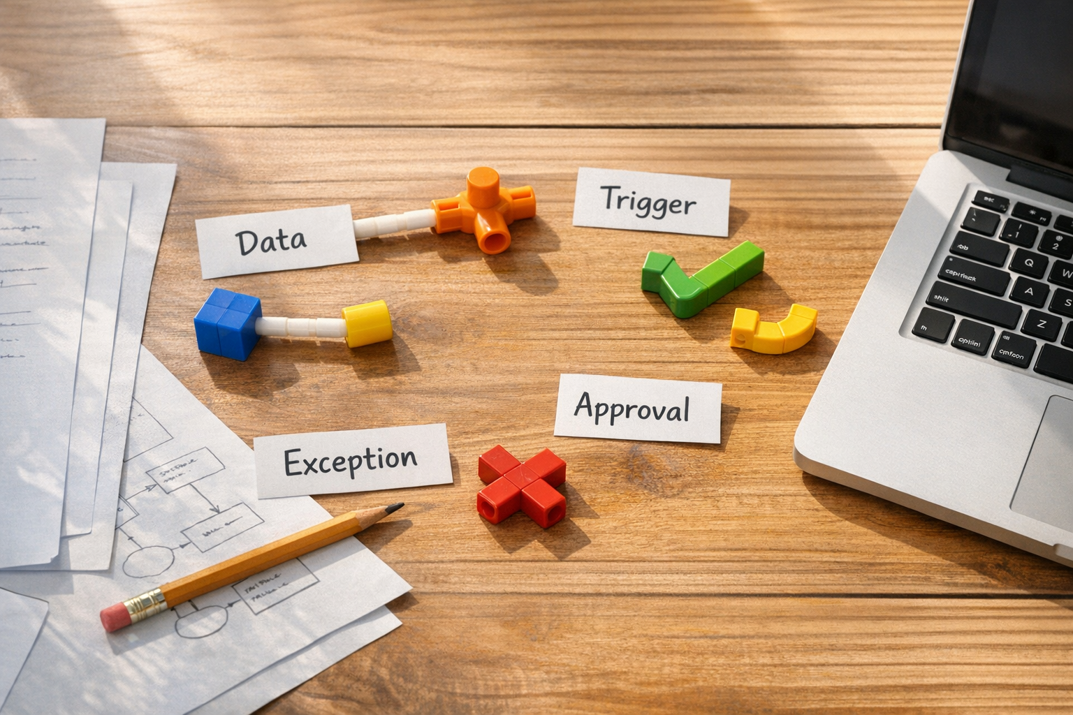A calm office desk with printed workflow notes, a laptop, and connectors representing business systems and automation planning.