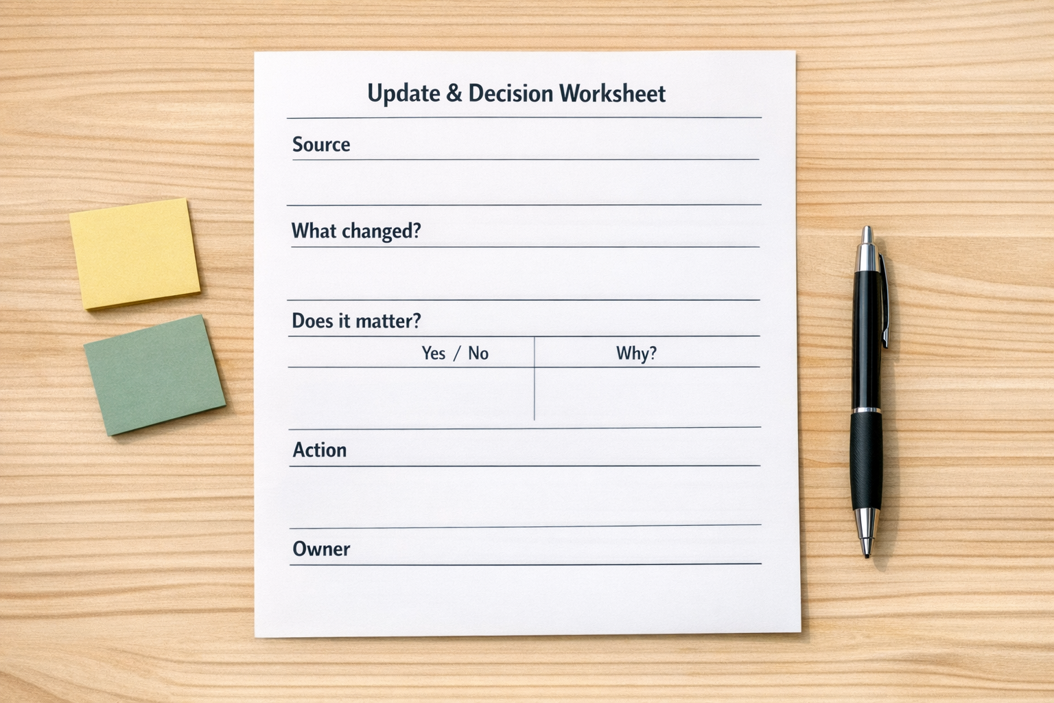 A printed decision worksheet for reviewing business software updates and assigning actions.