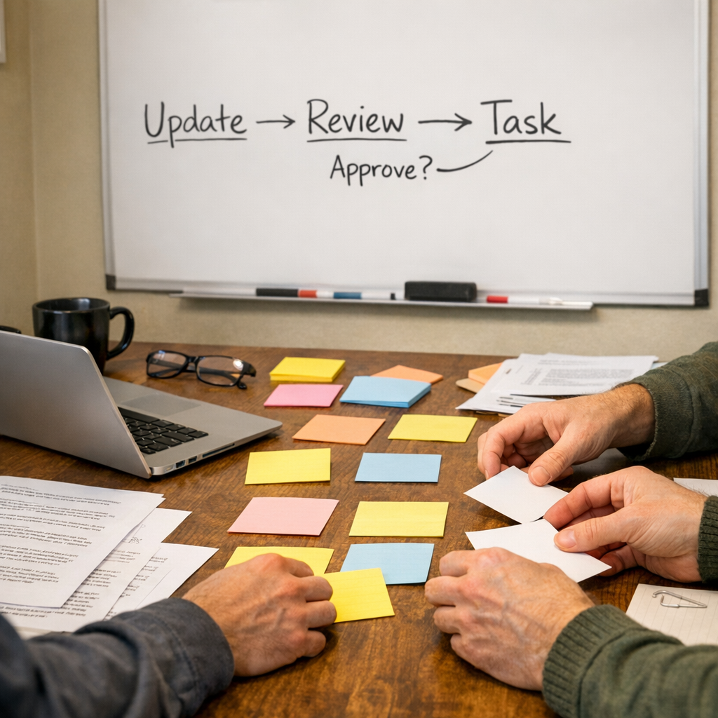 A workspace with sticky notes and a whiteboard used to plan actions from software updates.