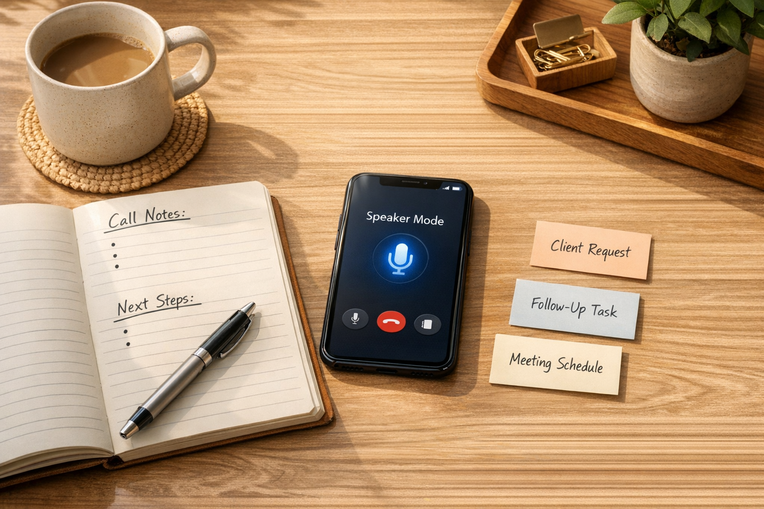 A calm office desk showing a phone conversation being turned into organized notes and next-step cards