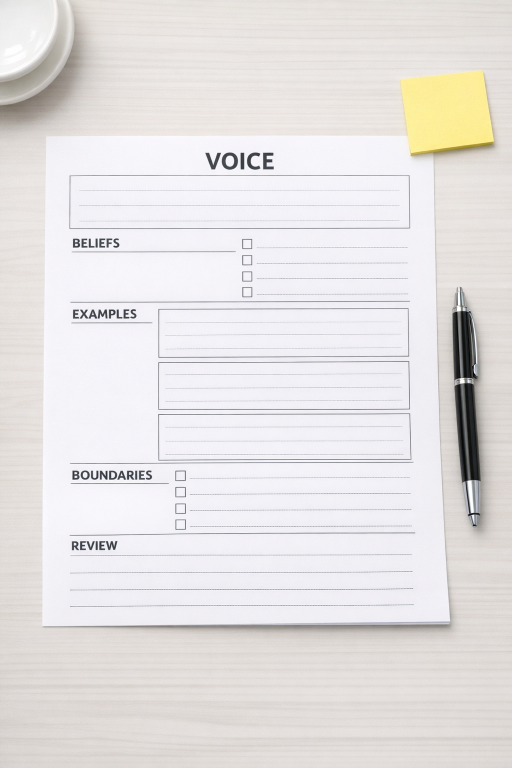 A printed worksheet for defining voice, beliefs, examples, boundaries, and review steps before using AI in a content workflow.