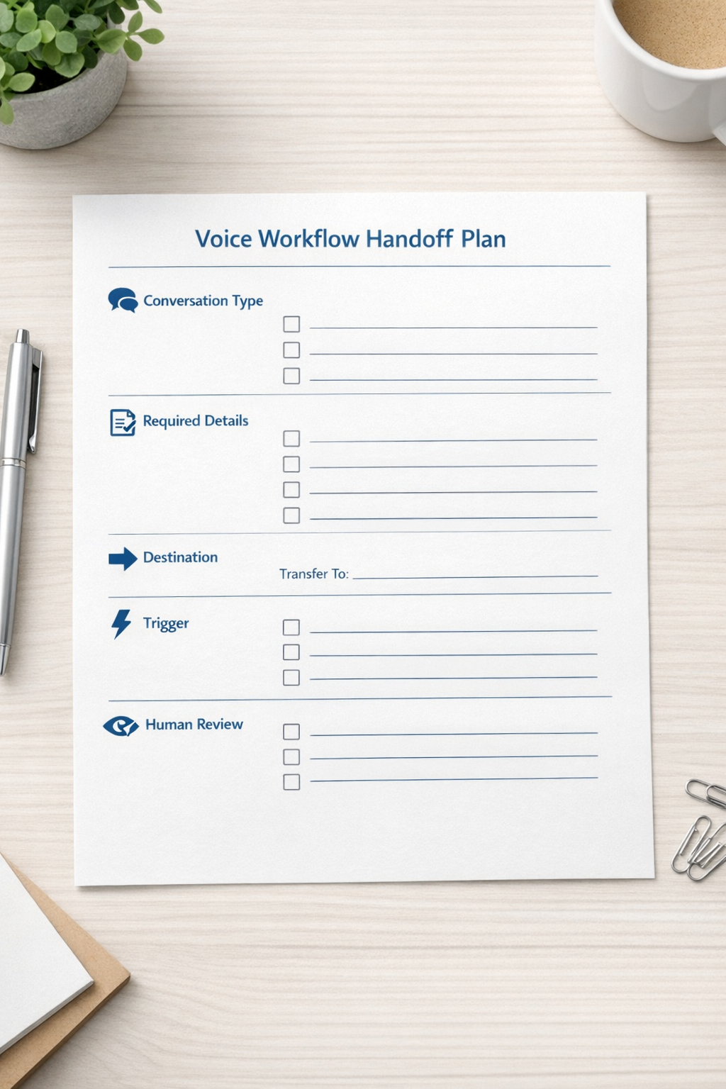 A simple printed worksheet for planning voice AI workflow handoffs