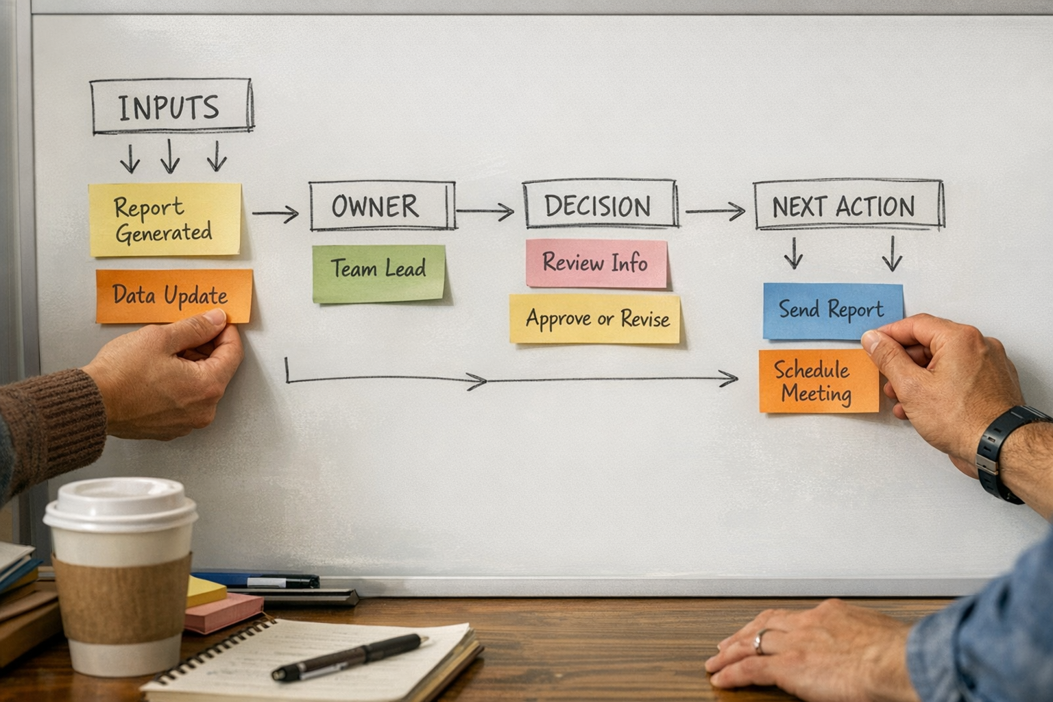 Hands arranging sticky notes on a whiteboard to plan how automation outputs become assigned follow-up actions.