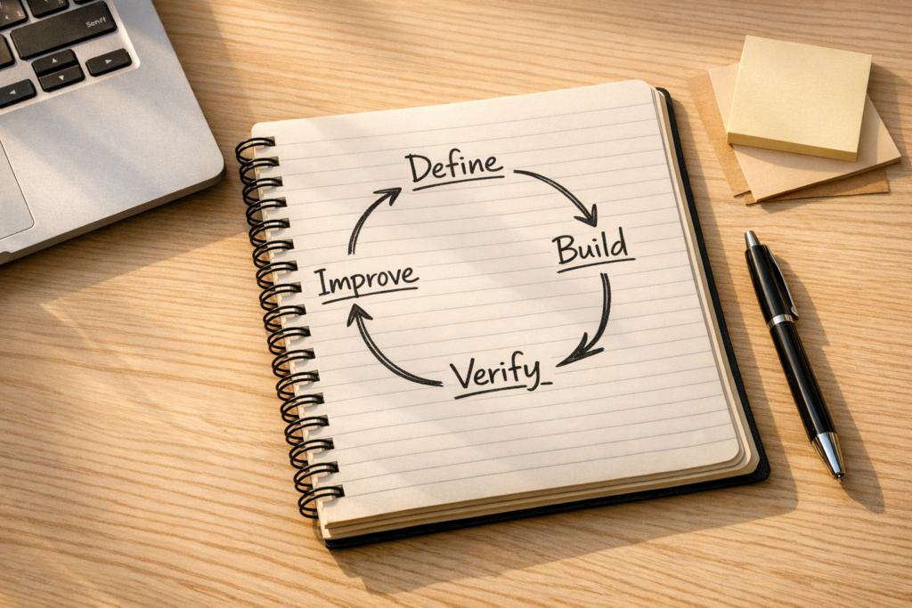 A calm office desk with a notebook showing a simple circular improvement loop for workflow updates