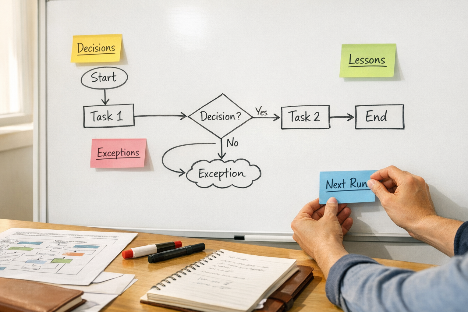Hands planning an operational workflow on a whiteboard and notebook, with sticky notes for decisions and lessons learned.