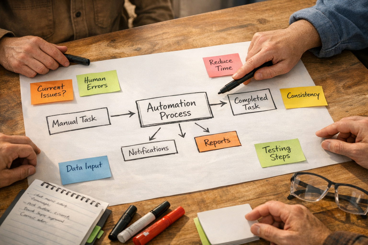 A workspace with sticky notes, a notebook, and a rough workflow sketch for planning an automation implementation.