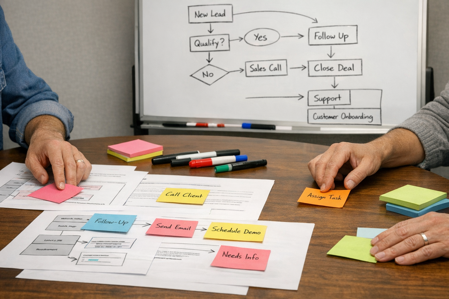 A team workspace table with a whiteboard sketch, sticky notes, and printed workflow planning pages without visible faces.
