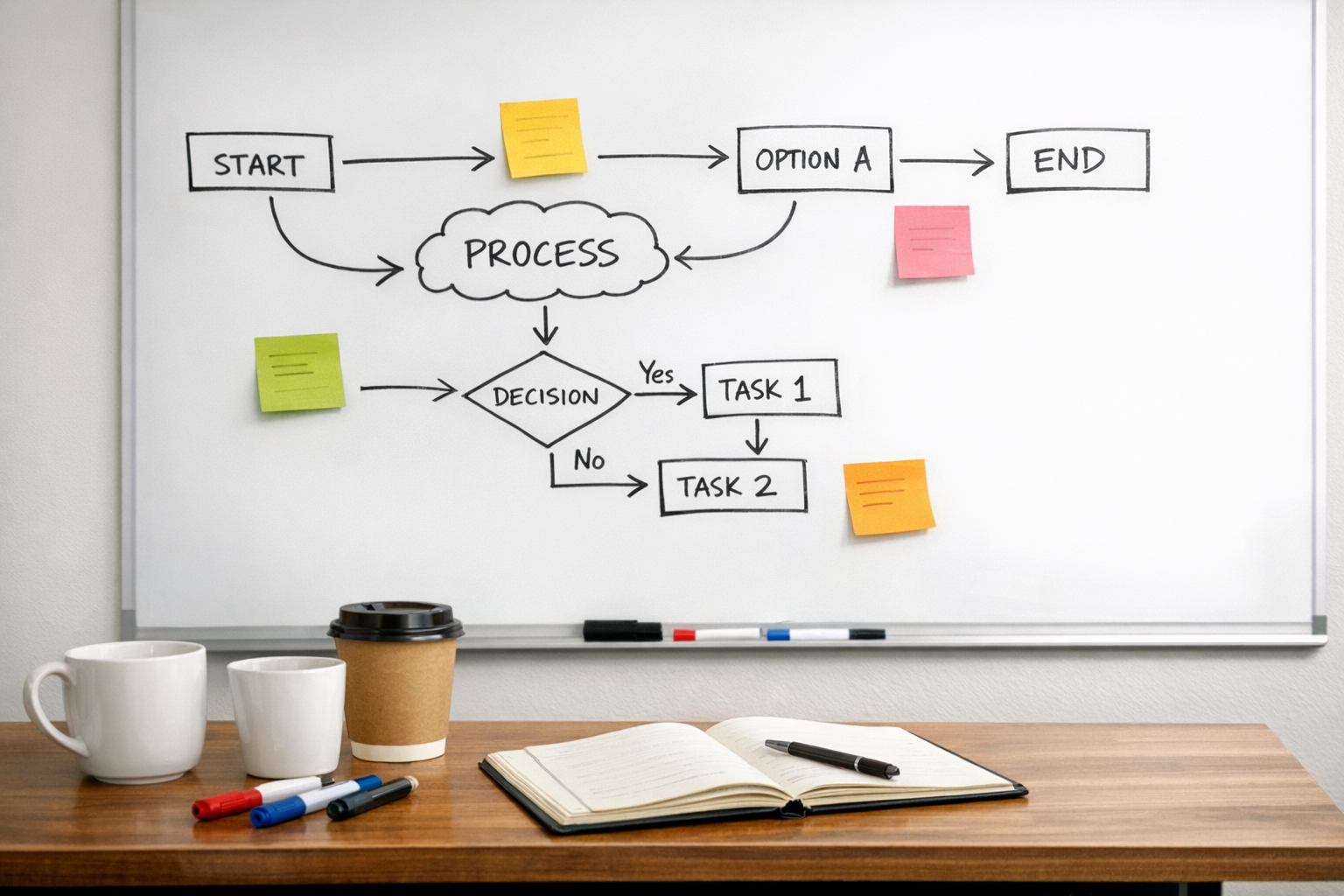A workspace with a whiteboard and sticky notes used to plan an AI-assisted operational workflow.