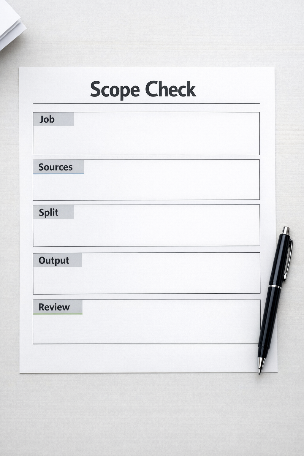A simple printed worksheet for checking whether an AI workflow is scoped clearly before execution.