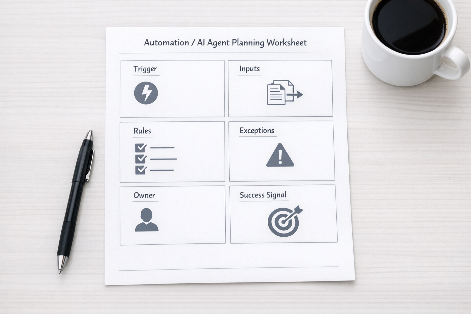 A simple printed worksheet for defining a workflow trigger, inputs, exceptions, owner, and success signal.