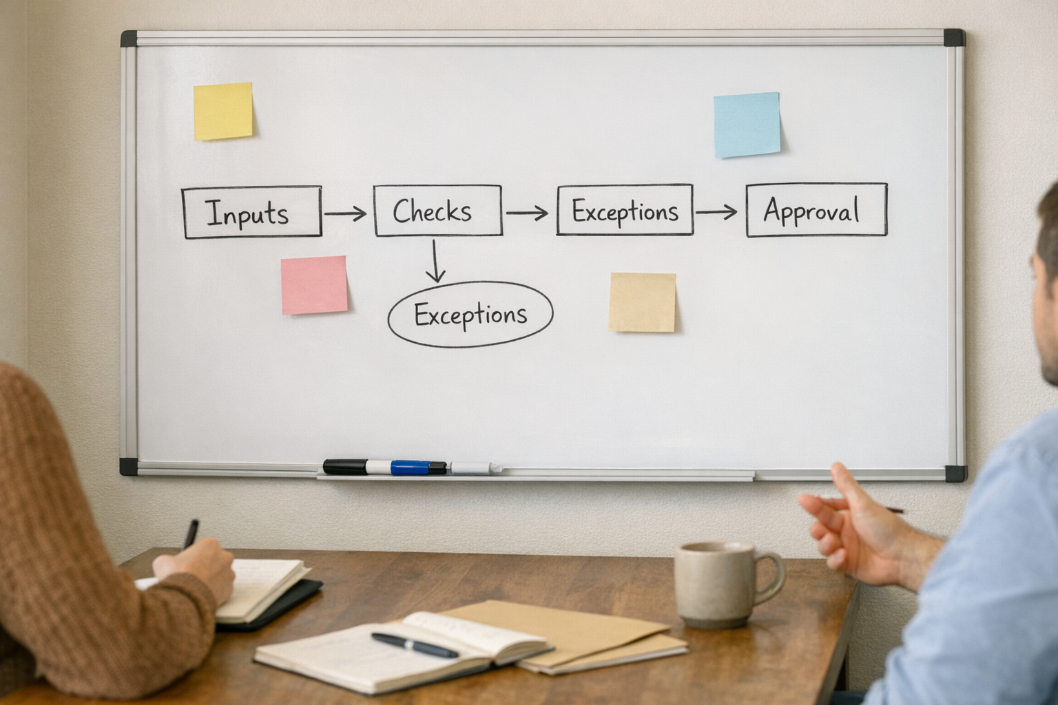 A workspace whiteboard showing an operational validation plan with inputs, checks, exceptions, and human approval.