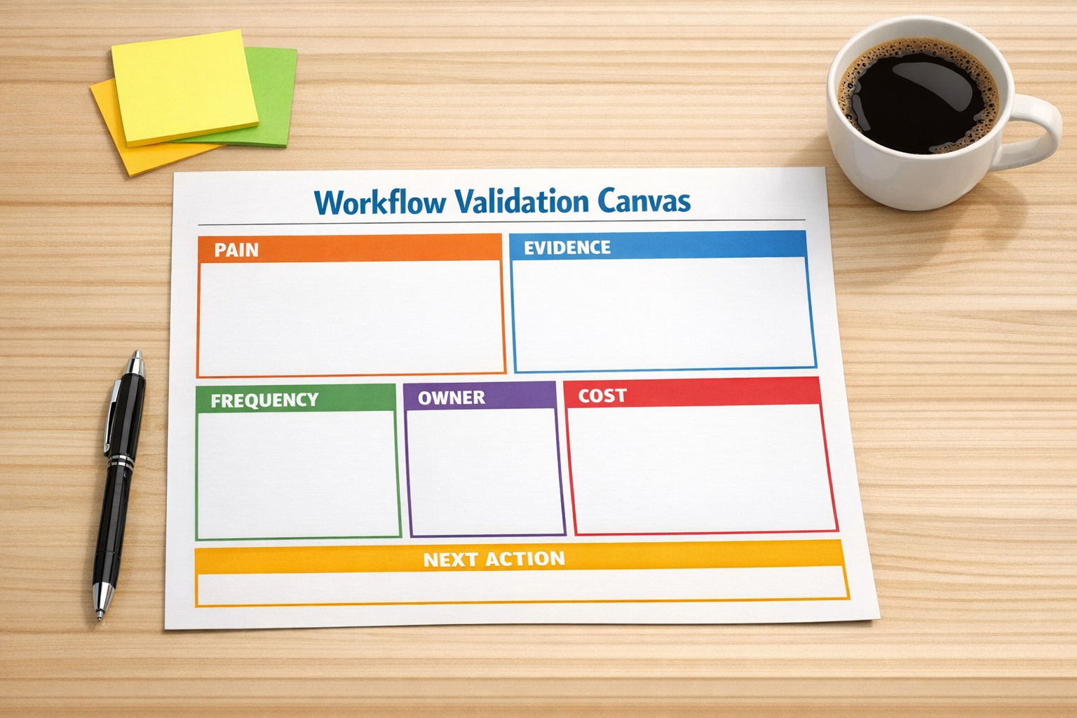 A simple printed worksheet for validating a workflow with sections for pain, frequency, owner, evidence, and next action.