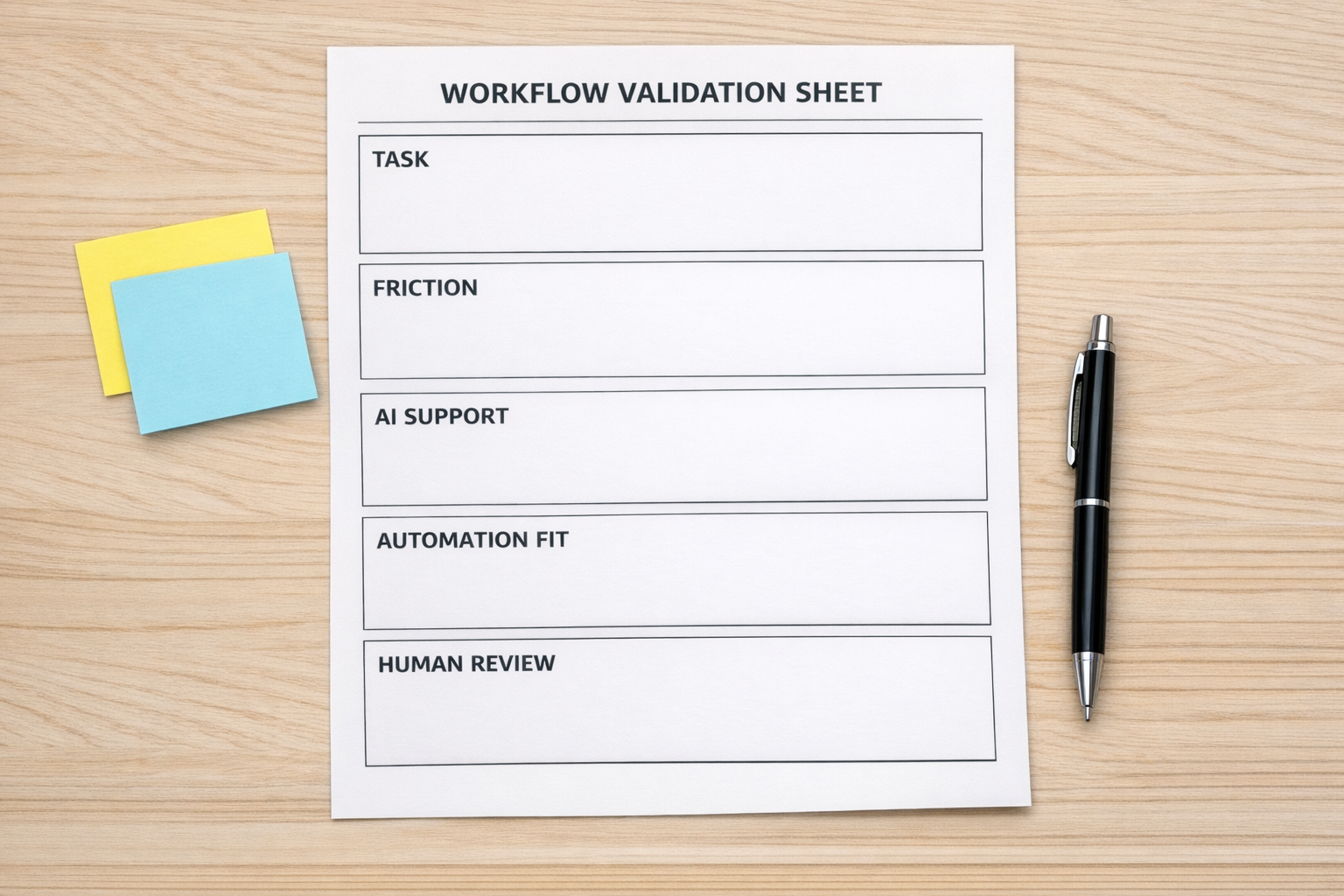 A printed workflow validation worksheet with sections for trigger, data source, owner, exception, and success check.