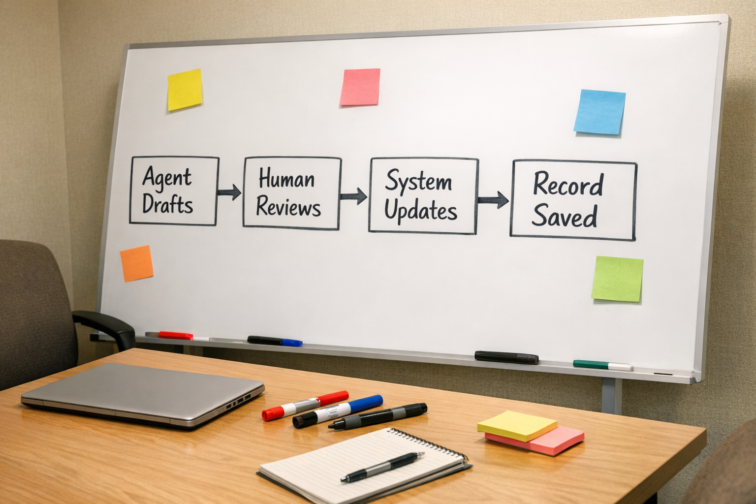 A team workspace with a whiteboard showing an AI agent approval flow and operational handoff plan.