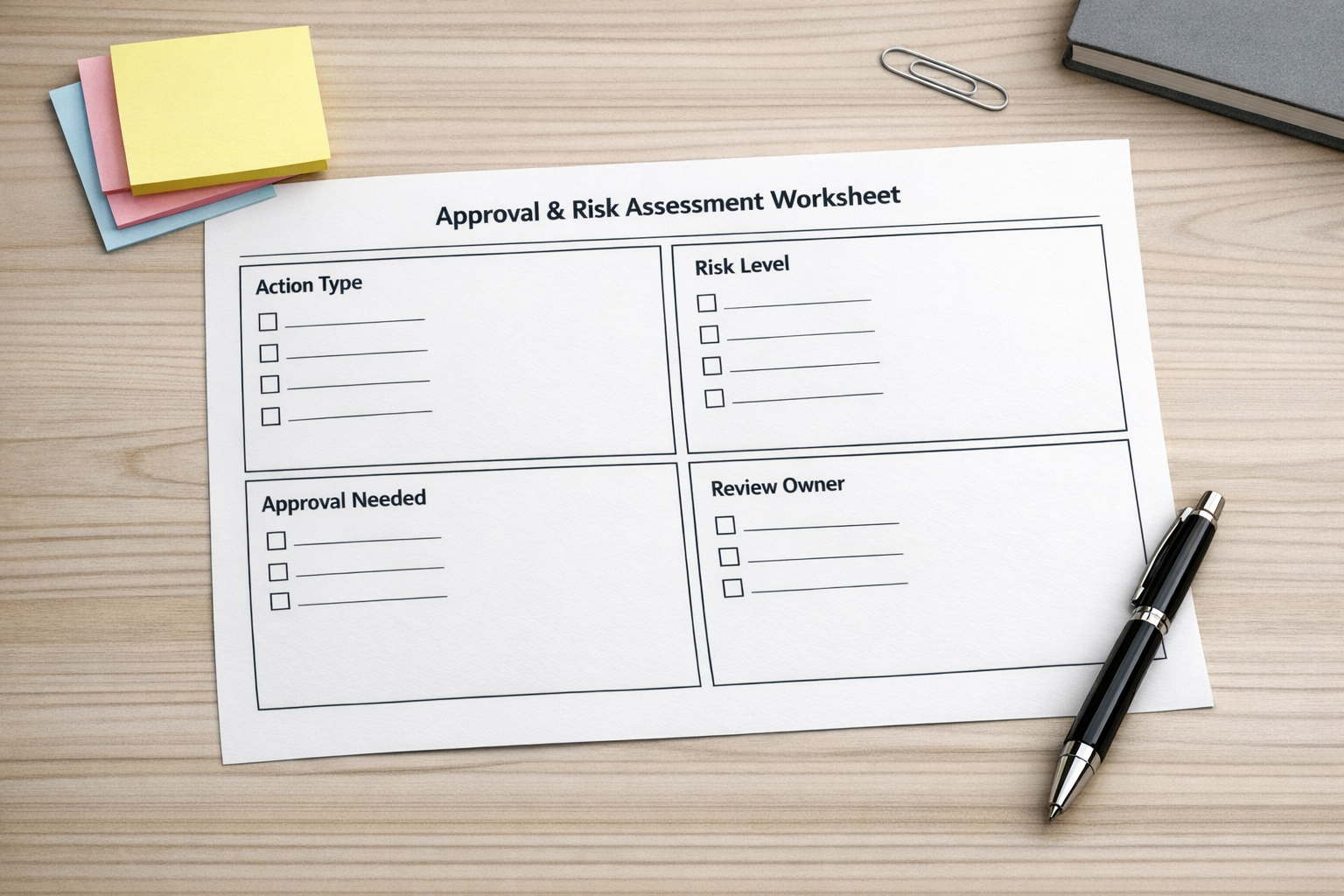 A printed worksheet for defining AI agent approval rules, action limits, and review steps.