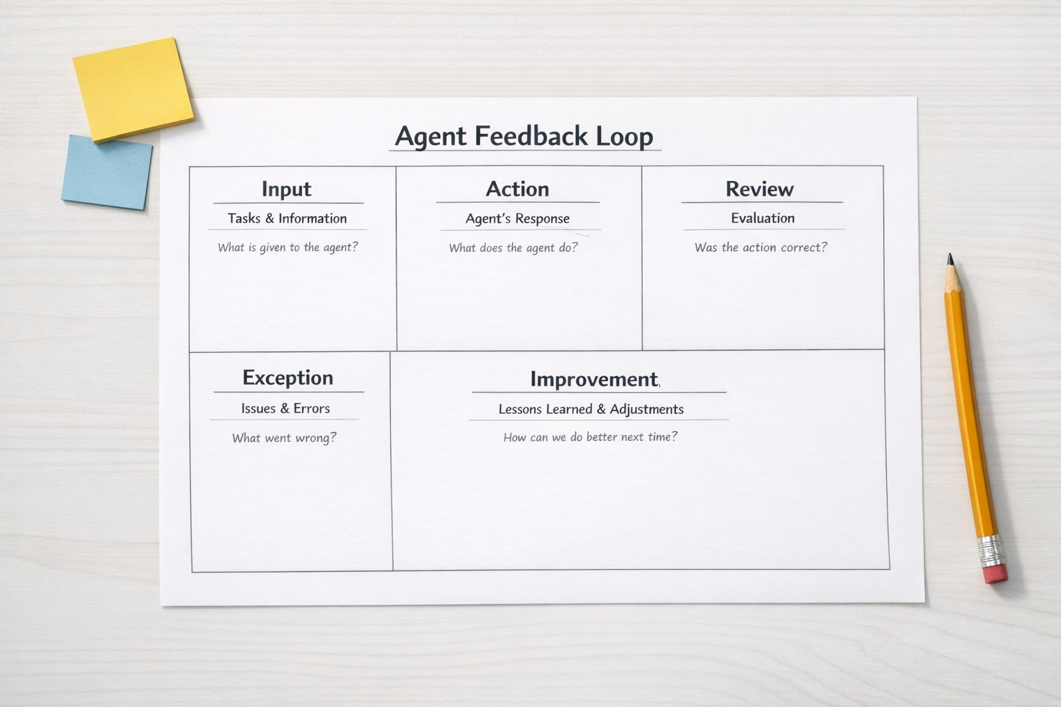 A printed worksheet for planning an AI agent feedback loop with sections for input, action, review, exception, and improvement.