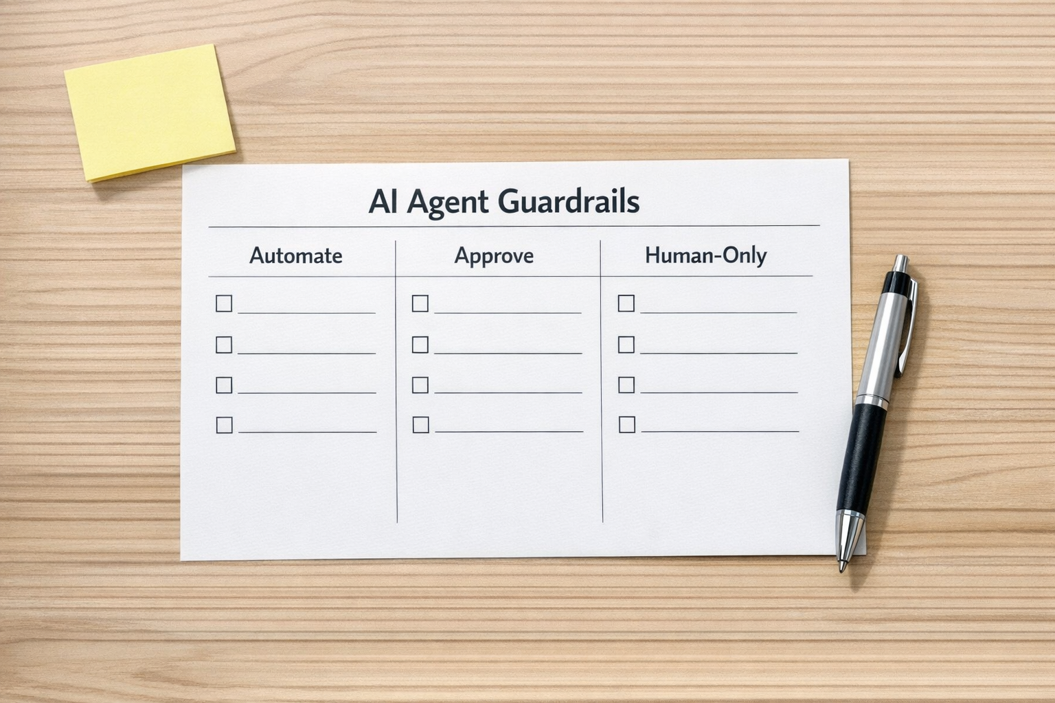A printed AI agent guardrails worksheet with three sections for automate, approve, and human-only workflow decisions.