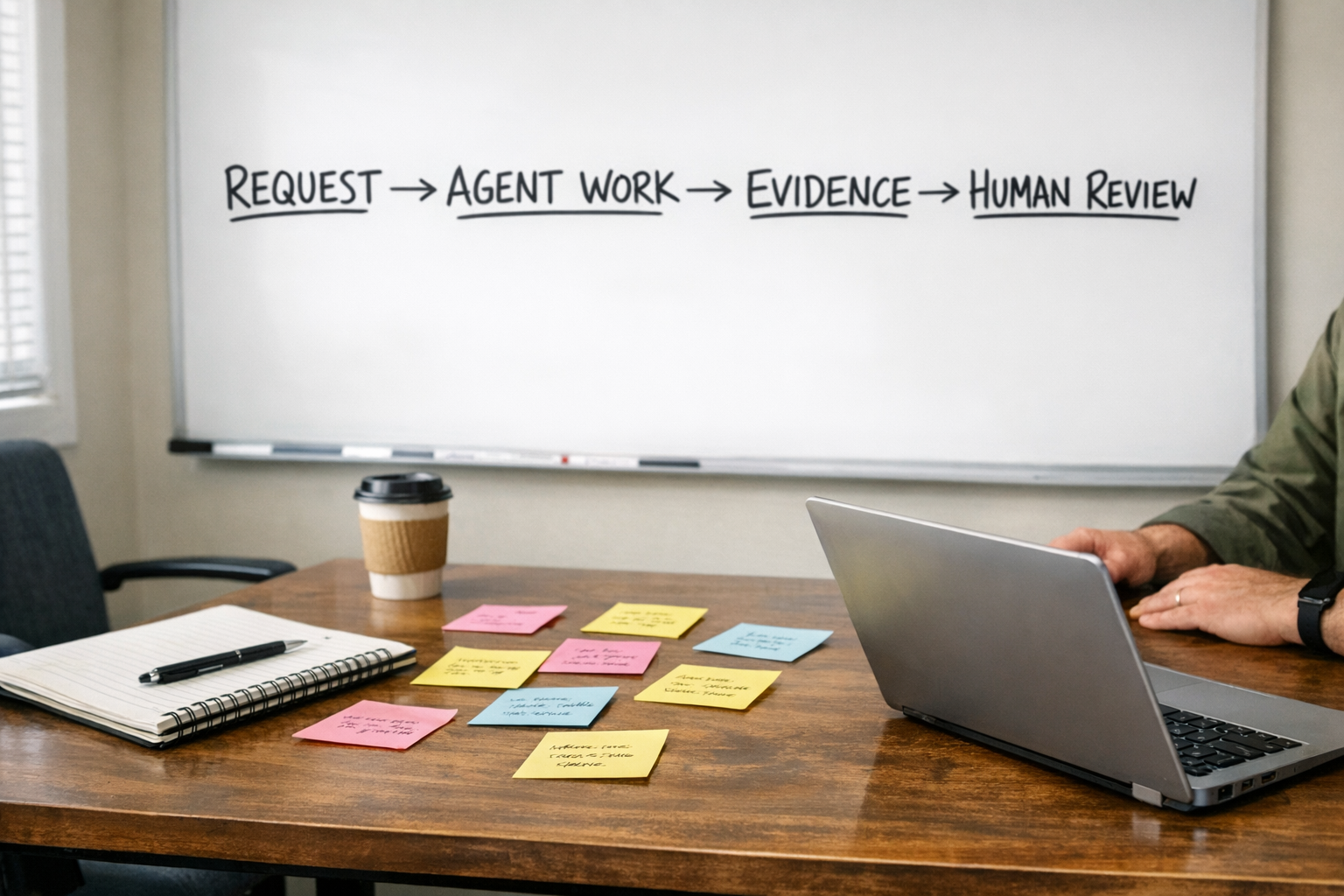 Hands arranging sticky notes on a whiteboard to plan AI agent handoffs between sales, support, and operations