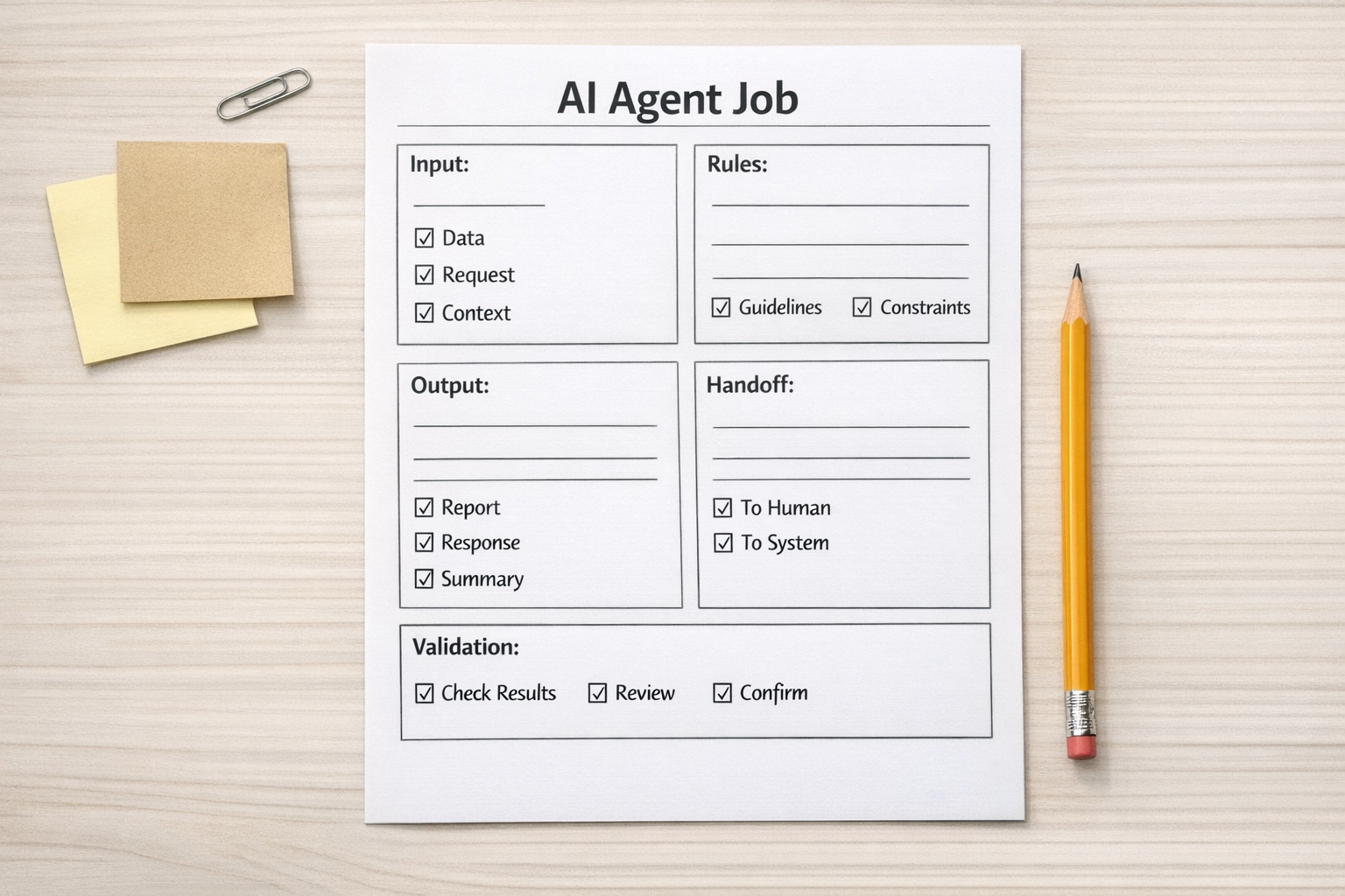 A printed worksheet for defining an AI agent job with sections for input, rules, output, handoff, and validation.