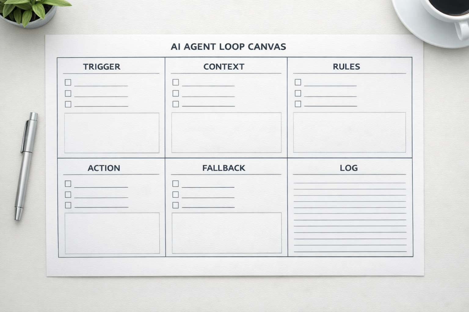 A printed AI agent loop canvas with sections for trigger, context, rules, action, fallback, and log.
