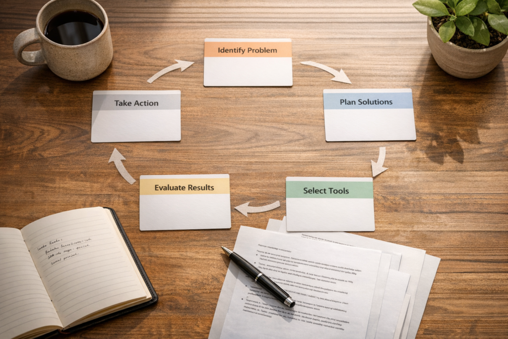 A calm office workbench with papers, a notebook, and a circular arrangement of task cards representing an AI agent workflow loop.