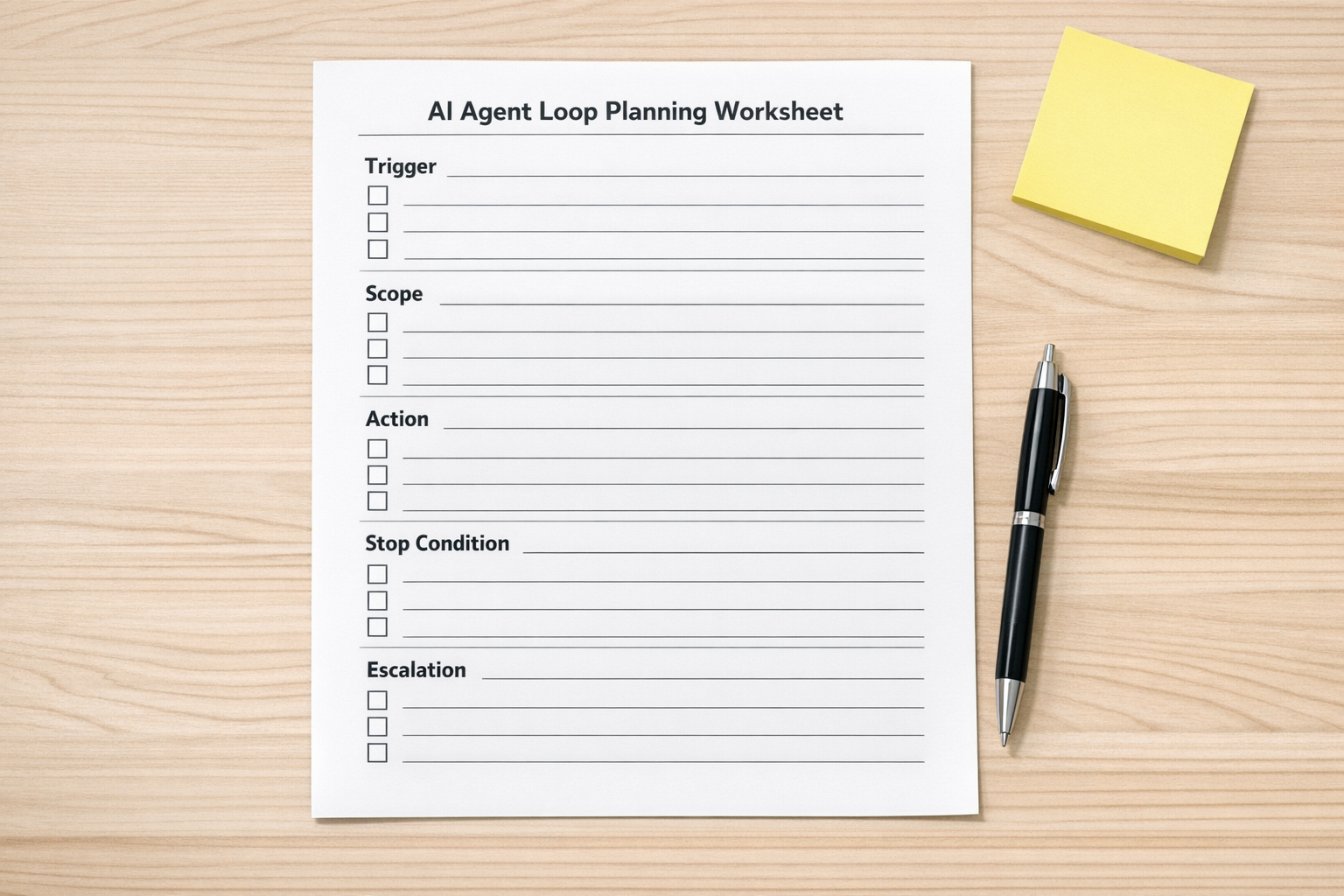 A printed worksheet for planning an AI agent loop with sections for trigger, scope, action, stop condition, and escalation.