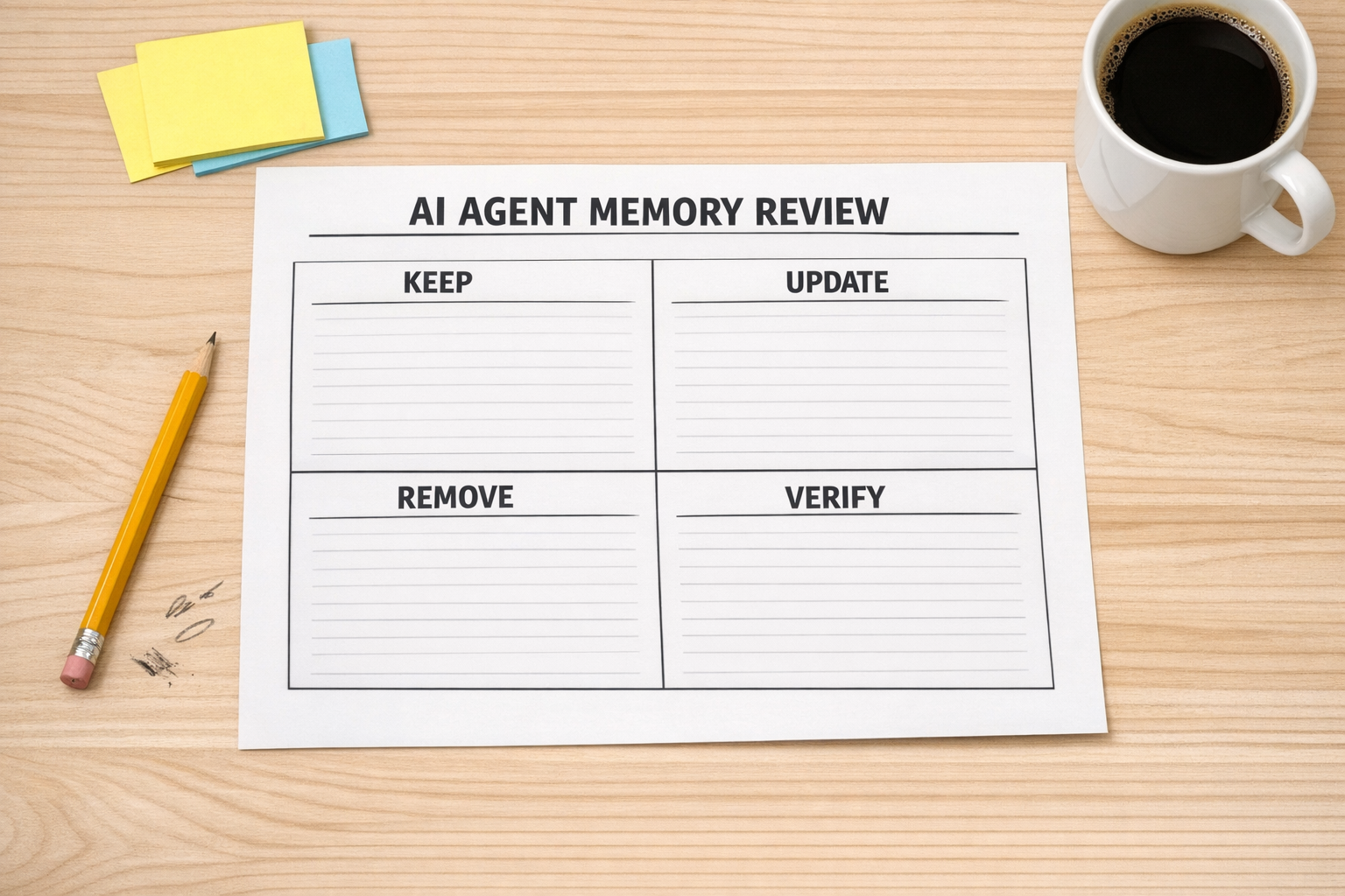 A printed worksheet for reviewing AI agent memory with sections for keep, update, remove, and verify.