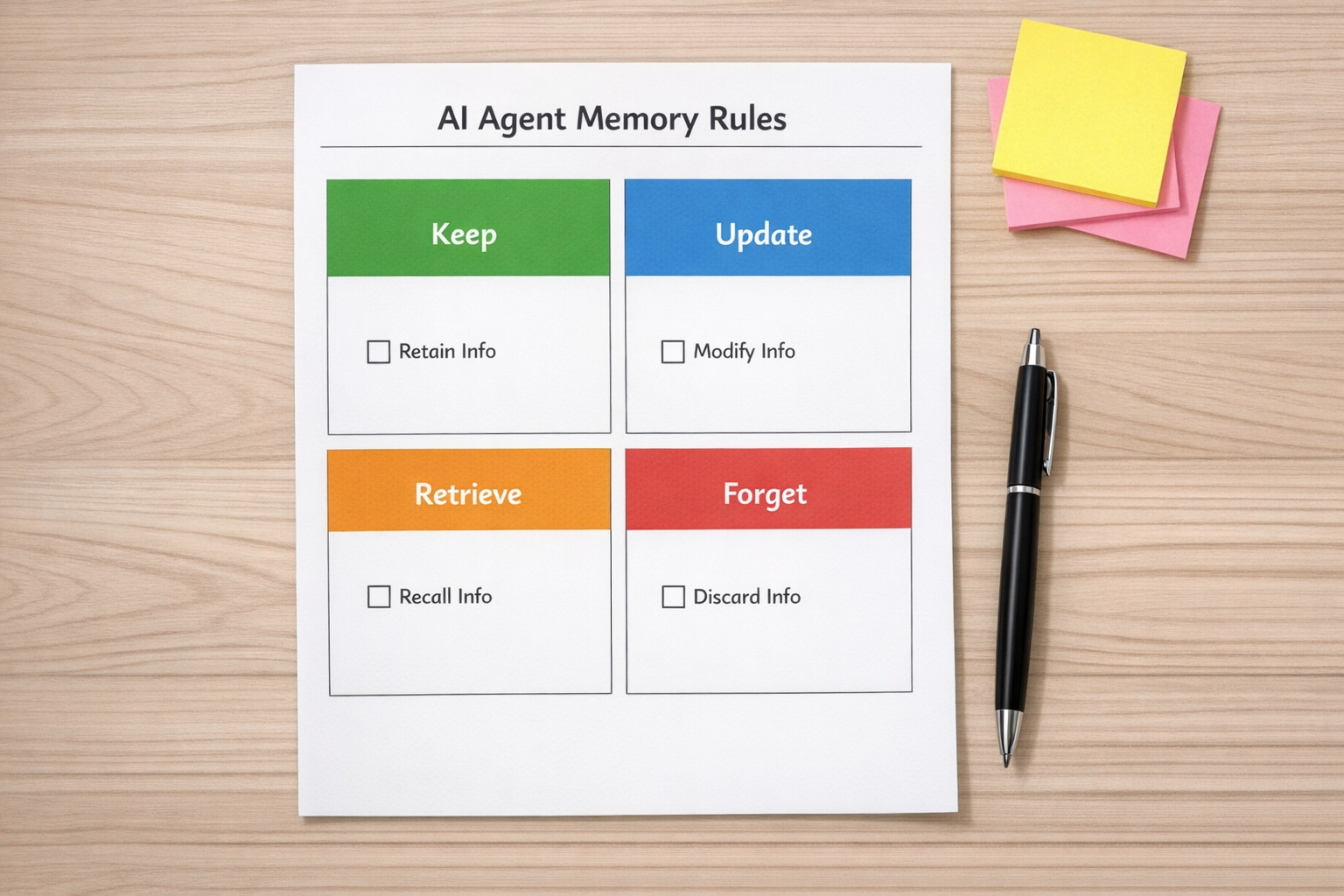 A printed worksheet showing simple AI agent memory rules for keep, update, retrieve, and forget.