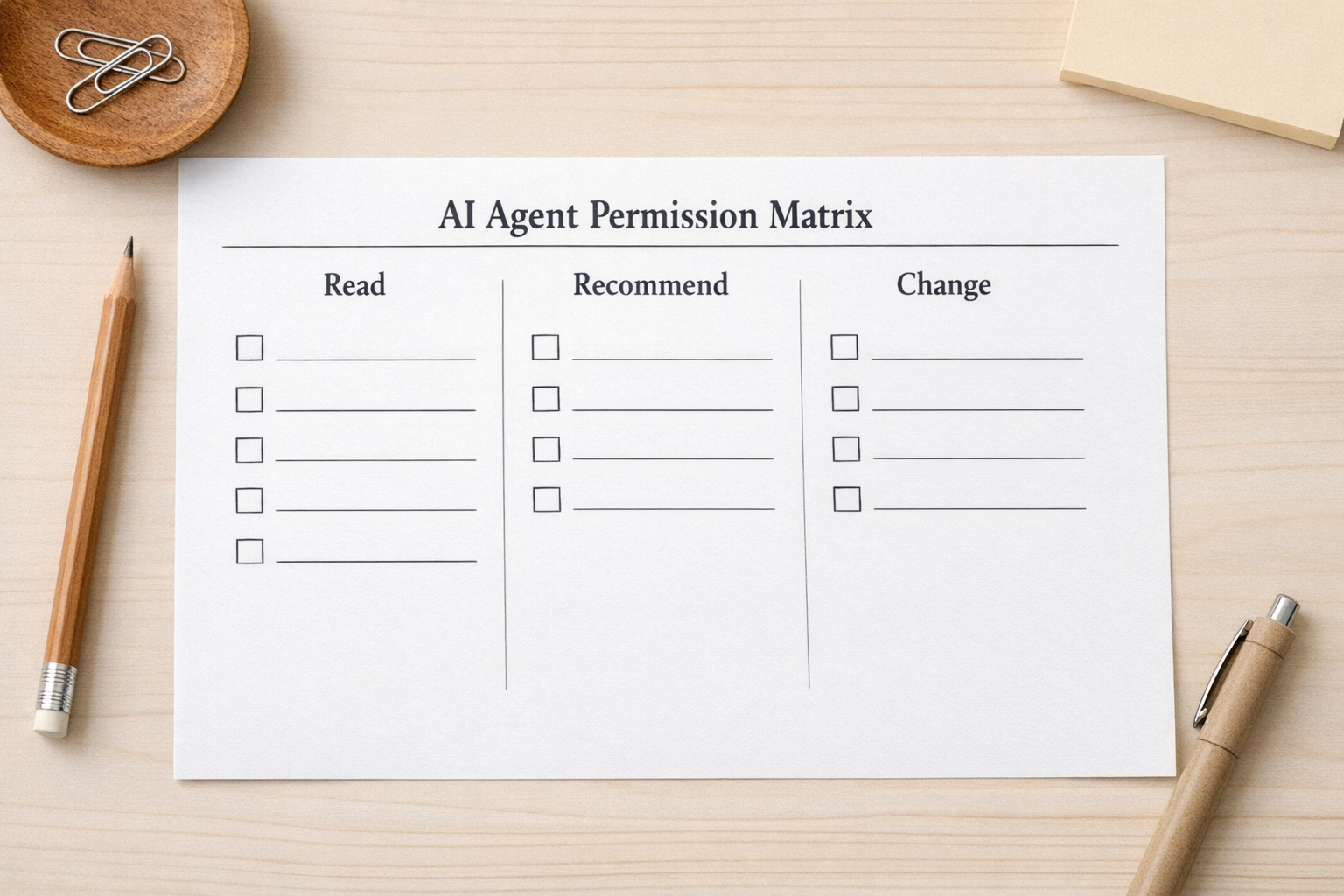 A simple printed worksheet showing read, recommend, and change permission levels for AI agent workflow design.