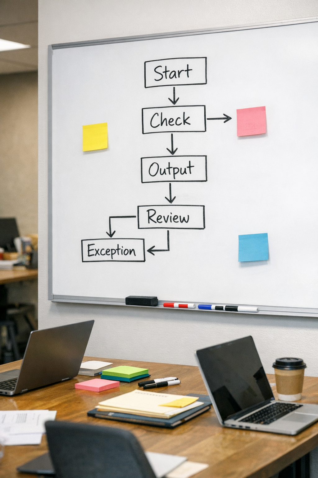A team workspace with a whiteboard showing an AI agent implementation plan using triggers, outputs, review points, and exceptions.