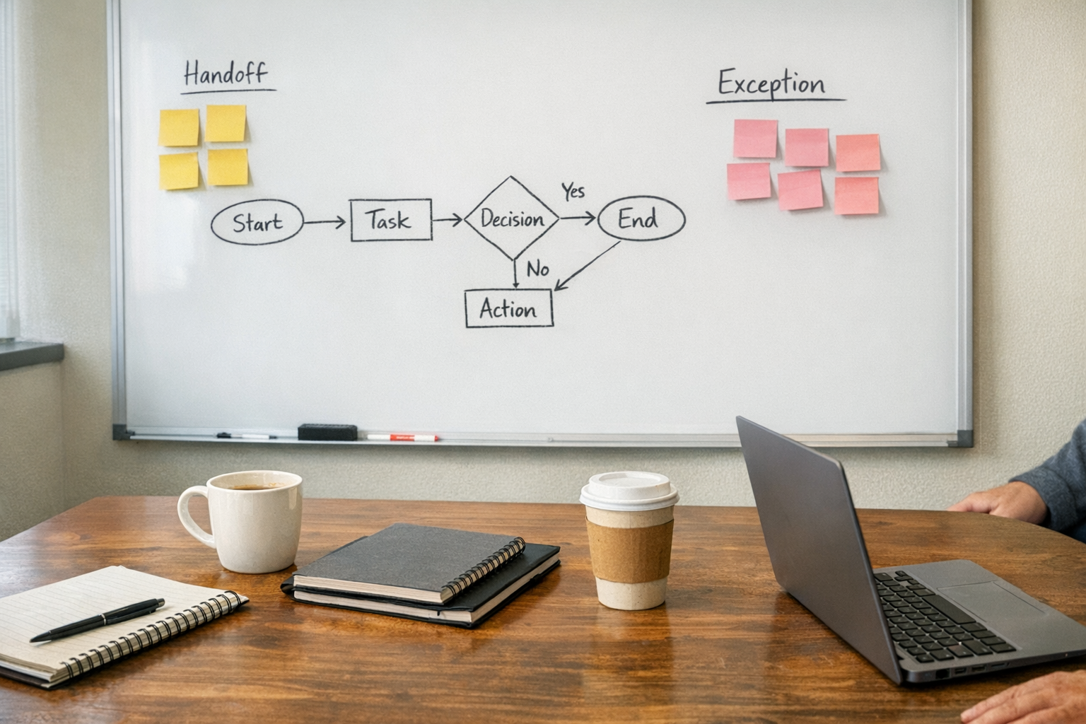 A team workspace with a whiteboard and notes used to plan an AI agent implementation.