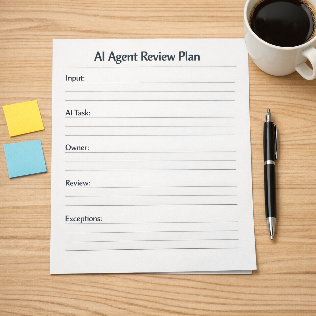 A printed worksheet for planning an AI agent workflow with sections for input, output, owner, review, and exceptions.