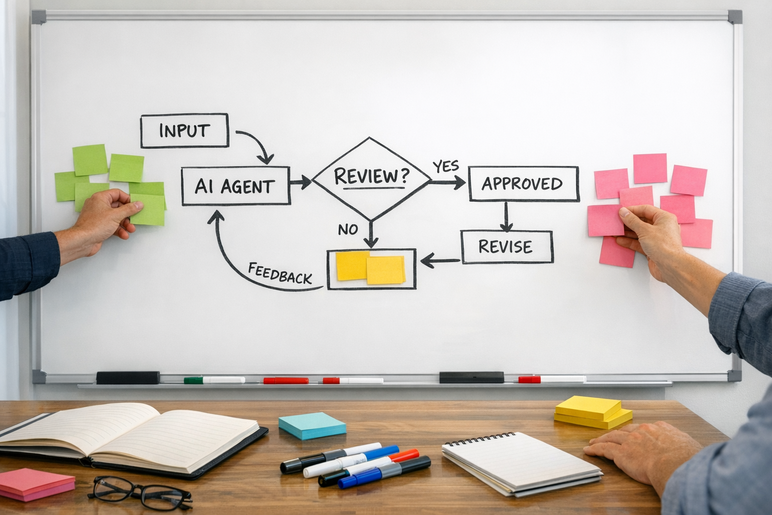 A team workspace with sticky notes and a whiteboard planning a safe AI agent workflow review.