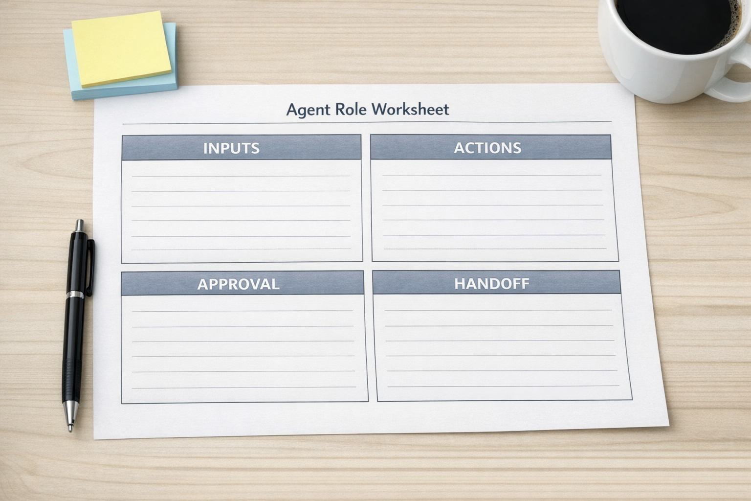 A printed worksheet for defining an AI agent role with sections for inputs, actions, approvals, and handoffs