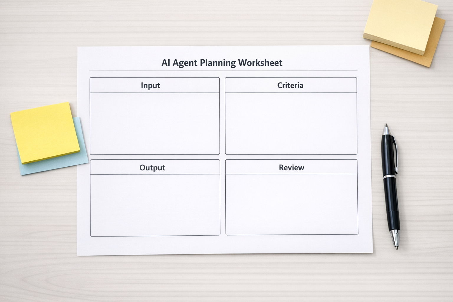 A printed worksheet for defining AI agent decision rules, inputs, outputs, and review points
