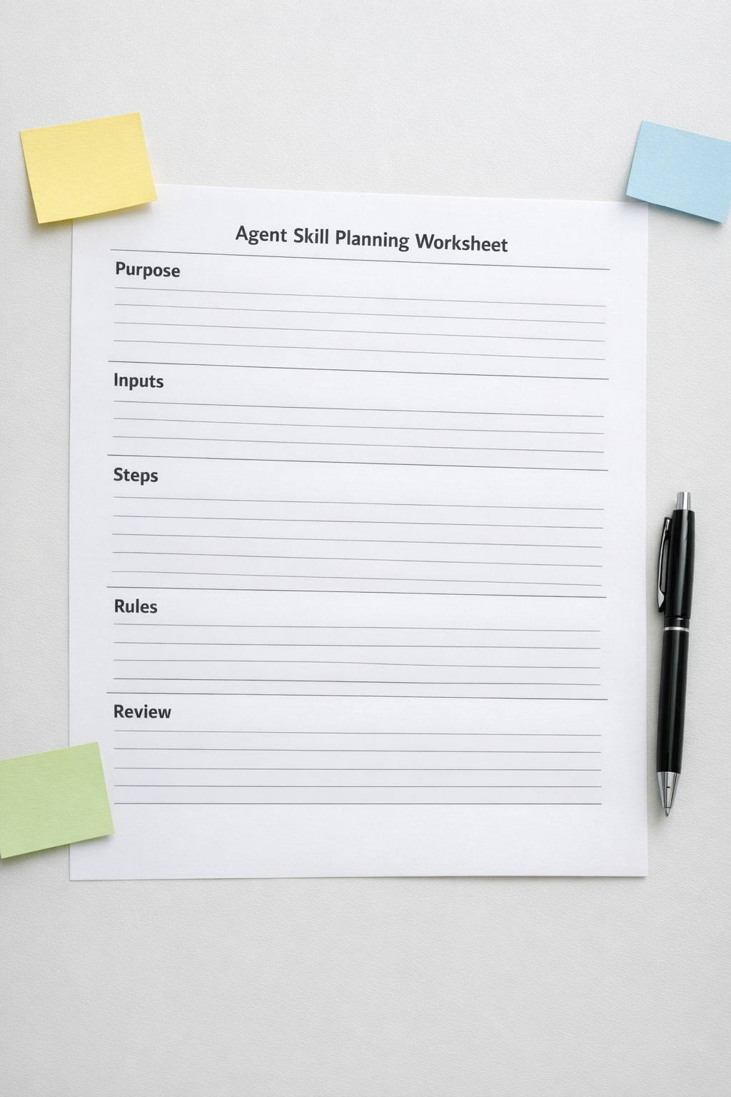 A simple printed worksheet for defining an AI agent skill with sections for inputs, steps, checks, and review points.