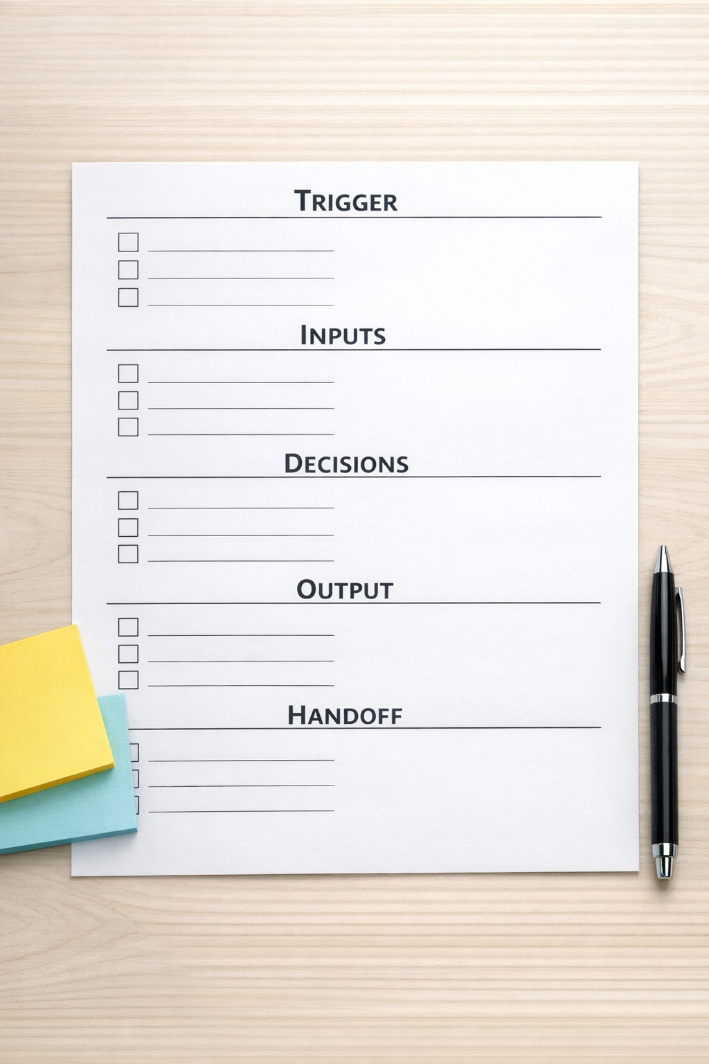 A printed worksheet for defining an AI agent task with sections for trigger, inputs, decisions, output, and handoff.