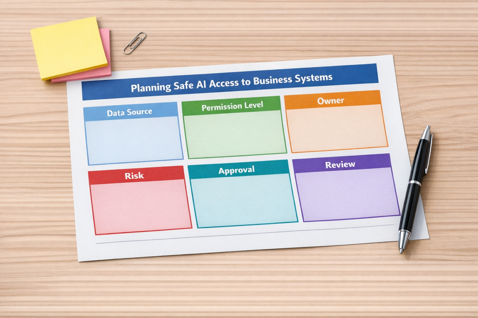 A printed worksheet for planning AI access rules with sections for data source, permission level, owner, risk, and approval.