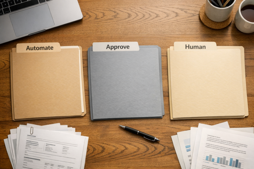 A calm office desk with three labeled folders for automate, approve, and keep human, representing AI agent workflow guardrails.