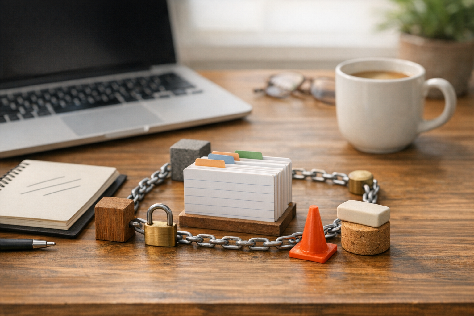 A calm office desk with a notebook, inbox tray, and labeled folders representing clear AI agent responsibilities