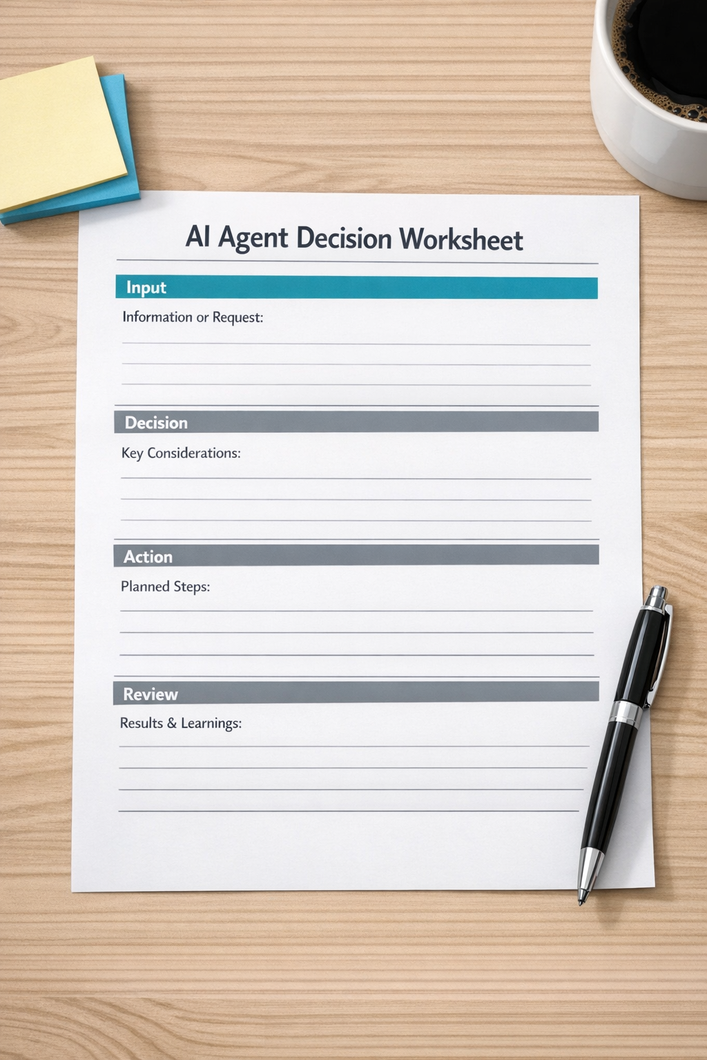 A printed AI agent decision worksheet with sections for input, decision, action, and review.