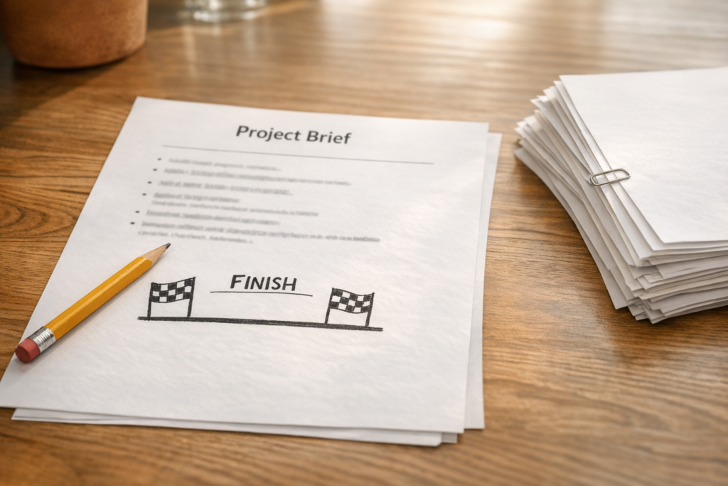 A calm office desk with a marked finish line on paper, symbolizing clear success criteria for AI agent work