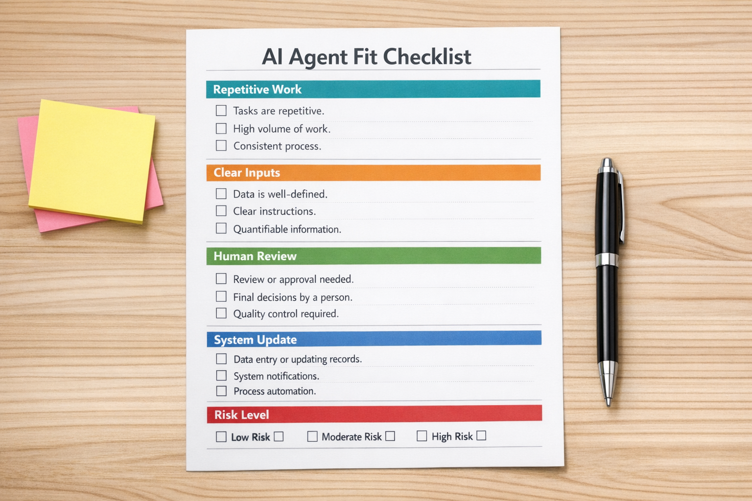 A printed worksheet for deciding whether a CRM or workflow task is a good fit for an AI agent.
