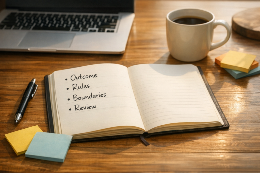 A calm office desk with a notebook outlining outcome, rules, boundaries, and review steps for an AI agent workflow.