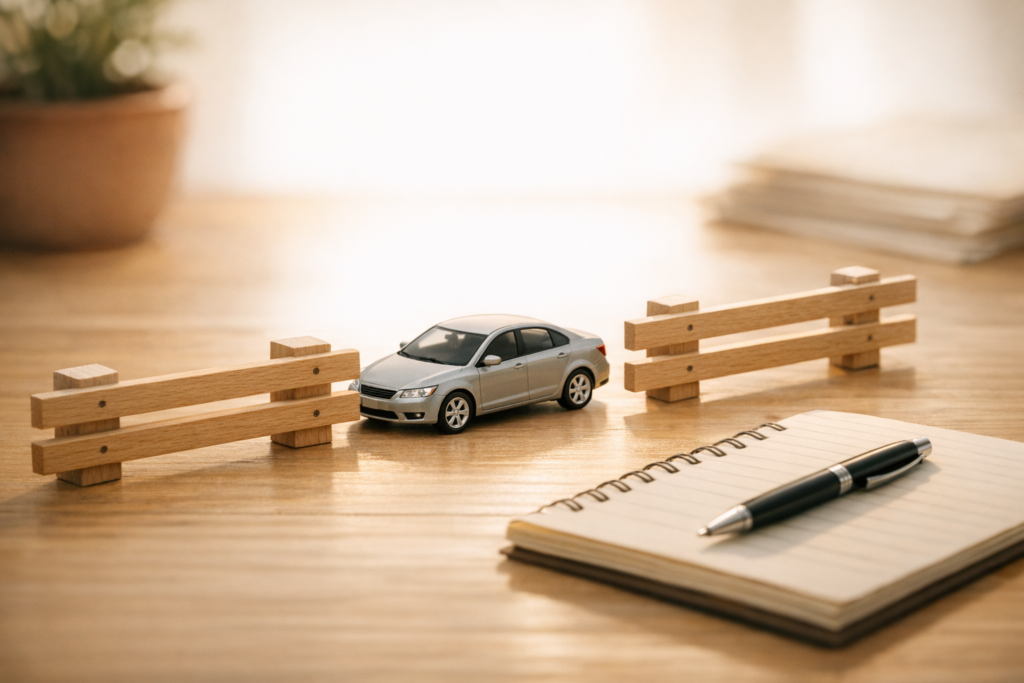 A calm office desk scene showing a small model car guided between wooden guardrails, representing safe AI automation boundaries.